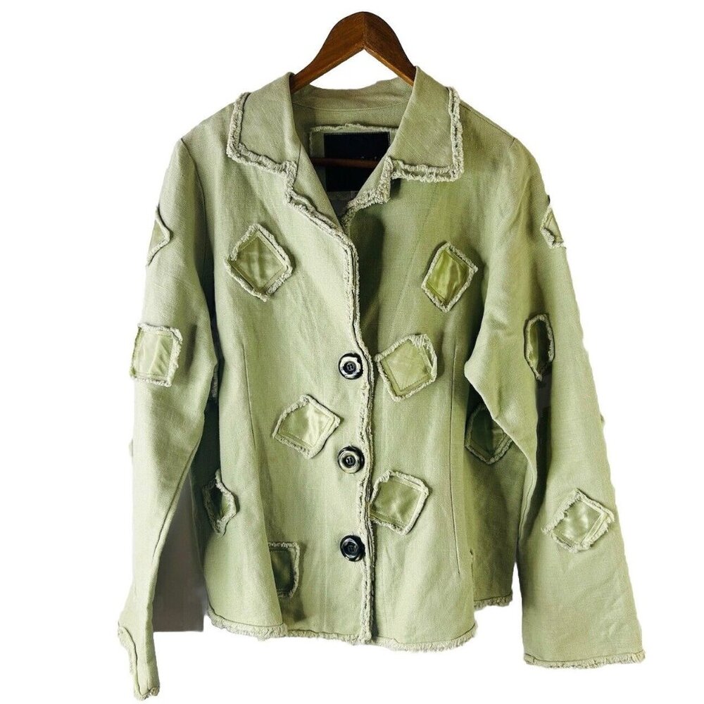 Vintage 90s Linen Patchwork Big Button Jacket Usa… - image 1
